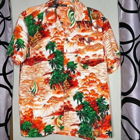 Roundy Bay Other - ROUNDY BAY MEN'S HAWAIIAN SHIRT ORANGE W/ PALM TREES & WAVES SZ MEDIUM